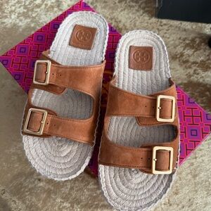 Tory Burch Two Band Espadrille Slide Sandal Ambra Brown Gold Buckles Size 7